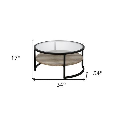 Table basse ronde en verre noir et acier de 34 po avec étagère