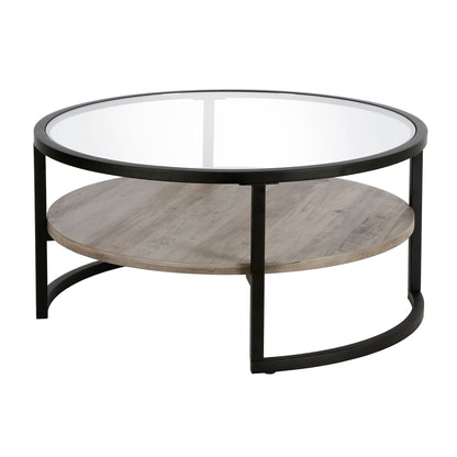 Table basse ronde en verre noir et acier de 34 po avec étagère