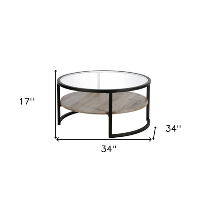 Table basse ronde en verre noir et acier de 34 po avec étagère