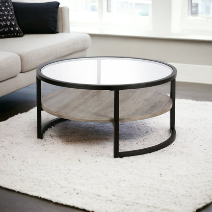 Table basse ronde en verre noir et acier de 34 po avec étagère