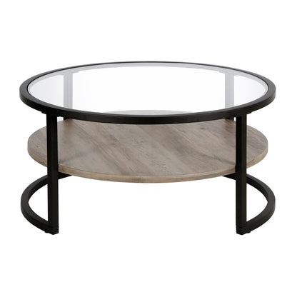 Table basse ronde en verre noir et acier de 34 po avec étagère