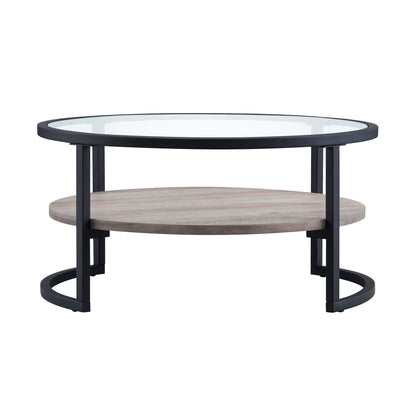 Table basse ronde en verre noir et acier de 34 po avec étagère