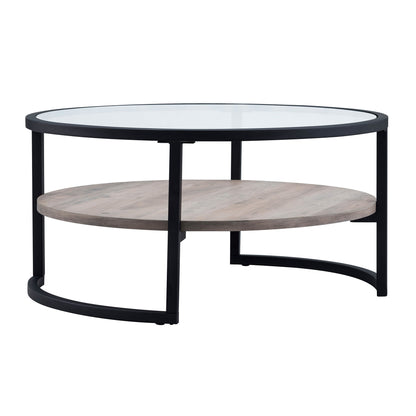 Table basse ronde en verre noir et acier de 34 po avec étagère