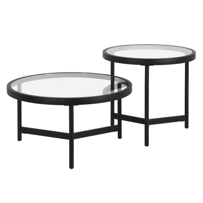 Ensemble de deux tables basses rondes gigognes en verre noir et en acier de 30 po