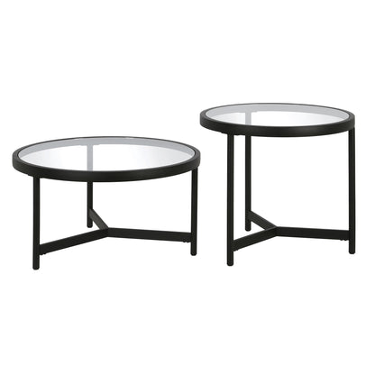 Ensemble de deux tables basses rondes gigognes en verre noir et en acier de 30 po