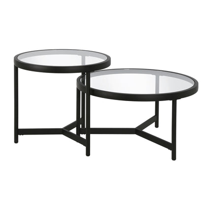 Ensemble de deux tables basses rondes gigognes en verre noir et en acier de 30 po