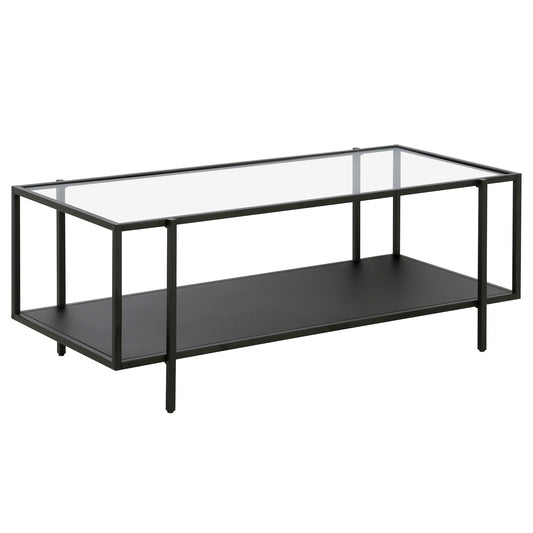 Table basse en verre et acier transparent et noir de 45 po avec étagère