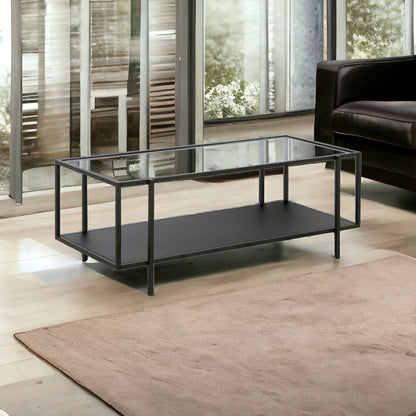 Table basse en verre et acier transparent et noir de 45 po avec étagère