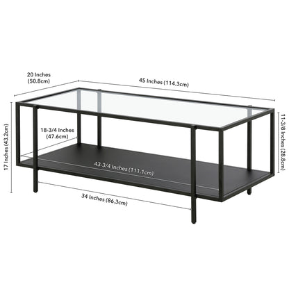 Table basse en verre et acier transparent et noir de 45 po avec étagère