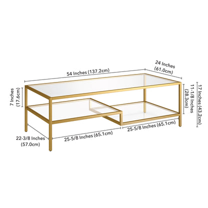 Table basse en verre doré et acier de 54 po avec deux étagères