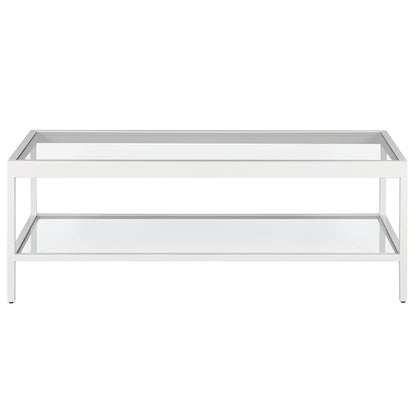 Table basse en verre transparent et acier blanc de 45 po avec étagère