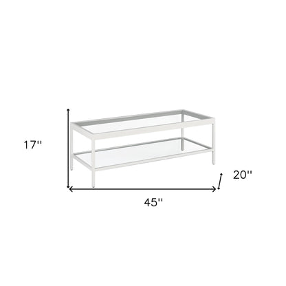 Table basse en verre transparent et acier blanc de 45 po avec étagère