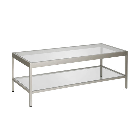 Table basse en verre transparent et acier argenté de 45 po avec étagère