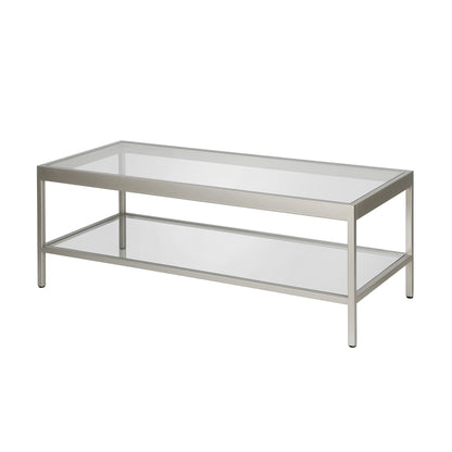 Table basse en verre transparent et acier argenté de 45 po avec étagère