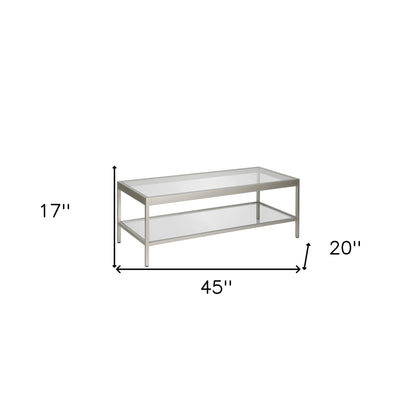 Table basse en verre transparent et acier argenté de 45 po avec étagère