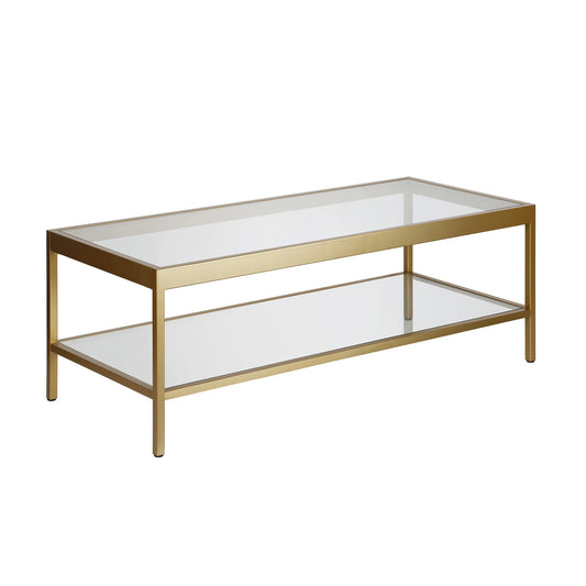 Table basse en verre transparent et acier doré de 45 po avec étagère