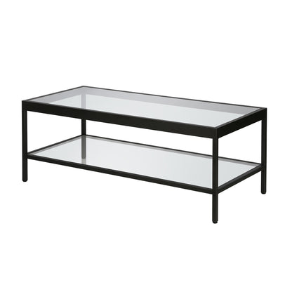 Table basse en verre et acier transparent et noir de 45 po avec étagère