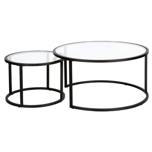 Ensemble de deux tables basses rondes gigognes en verre noir et en acier de 35 po