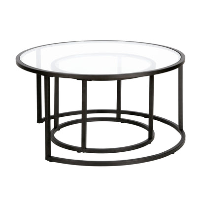 Ensemble de deux tables basses rondes gigognes en verre noir et en acier de 35 po