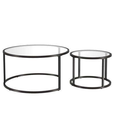 Ensemble de deux tables basses rondes gigognes en verre noir et en acier de 35 po