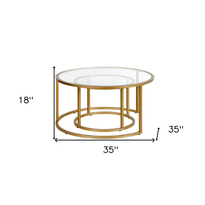 Ensemble de deux tables basses rondes gigognes en verre doré et en acier de 35 po