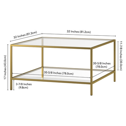 Table basse carrée en verre doré et acier de 32 po avec étagère