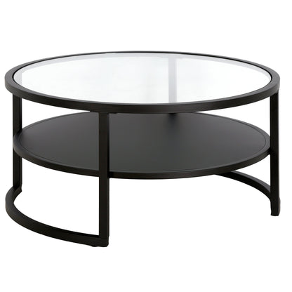 Table basse ronde en verre noir et acier de 34 po avec étagère