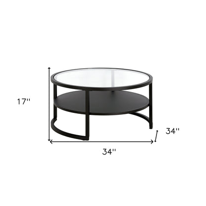 Table basse ronde en verre noir et acier de 34 po avec étagère