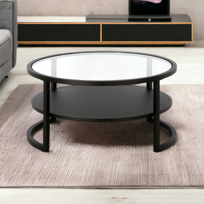 Table basse ronde en verre noir et acier de 34 po avec étagère