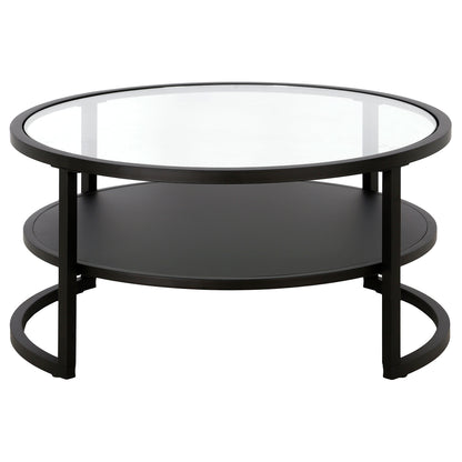 Table basse ronde en verre noir et acier de 34 po avec étagère