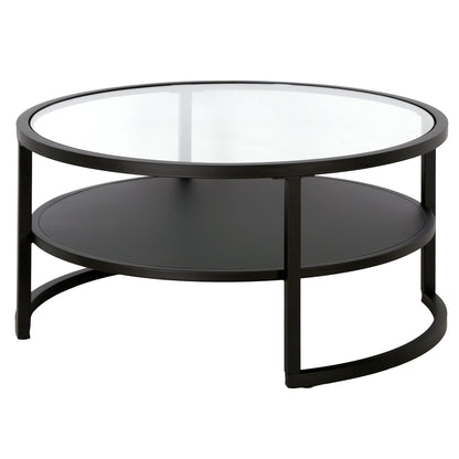 Table basse ronde en verre noir et acier de 34 po avec étagère