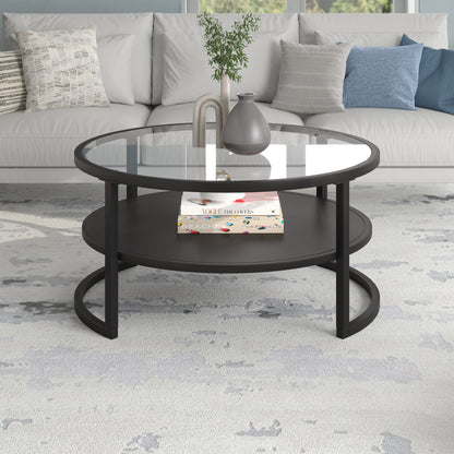 Table basse ronde en verre noir et acier de 34 po avec étagère