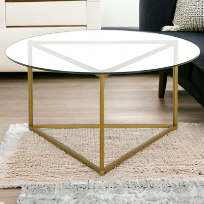 Table basse ronde en verre doré et acier de 35 po