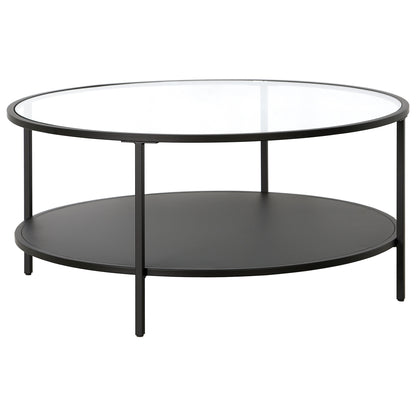 Table basse ronde en verre noir et acier de 36 po avec étagère