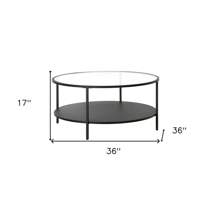 Table basse ronde en verre noir et acier de 36 po avec étagère