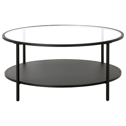 Table basse ronde en verre noir et acier de 36 po avec étagère