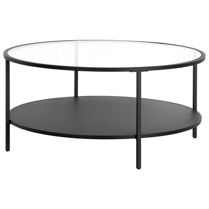 Table basse ronde en verre noir et acier de 36 po avec étagère