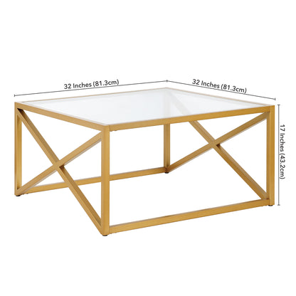 Table basse carrée en verre doré et acier de 32 po