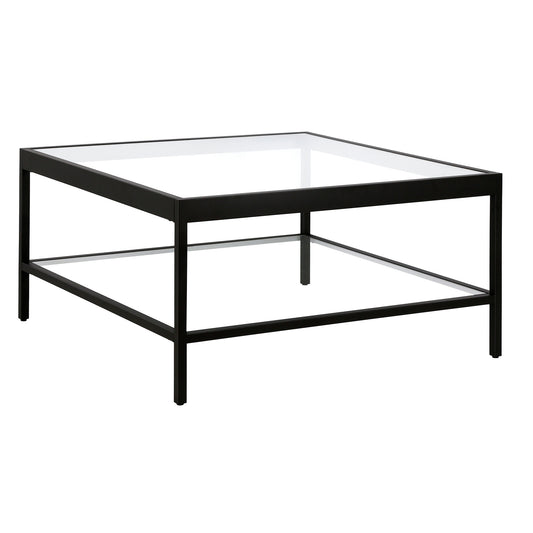 Table basse carrée en verre et acier transparent et noir de 32 po avec étagère