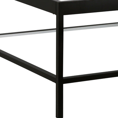 Table basse carrée en verre et acier transparent et noir de 32 po avec étagère