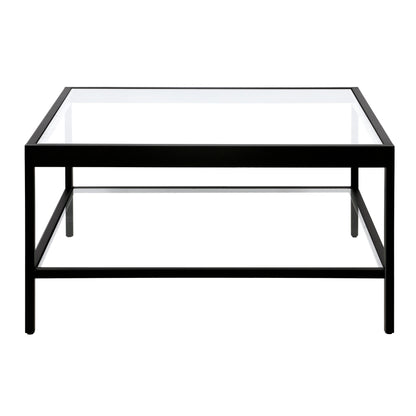 Table basse carrée en verre et acier transparent et noir de 32 po avec étagère