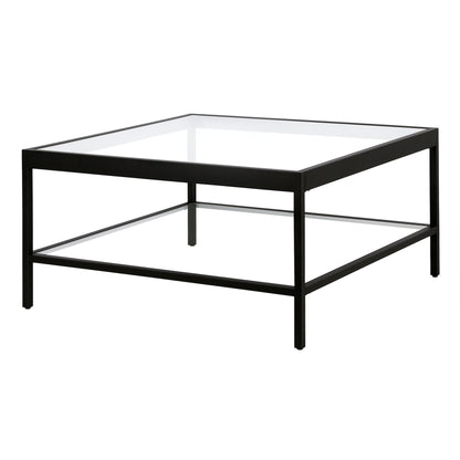 Table basse carrée en verre et acier transparent et noir de 32 po avec étagère