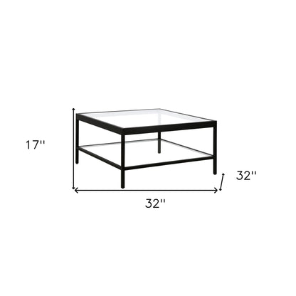 Table basse carrée en verre et acier transparent et noir de 32 po avec étagère