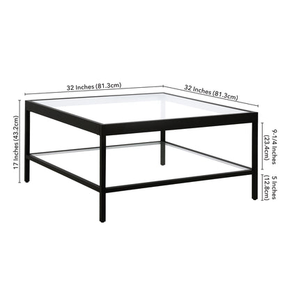 Table basse carrée en verre et acier transparent et noir de 32 po avec étagère