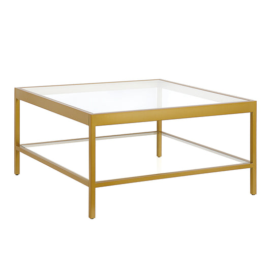 Table basse carrée en verre et acier transparent et doré de 32 po avec étagère