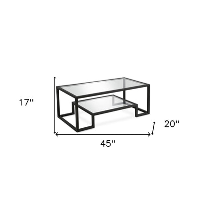 Table basse en verre et acier transparent et noir de 45 po avec étagère