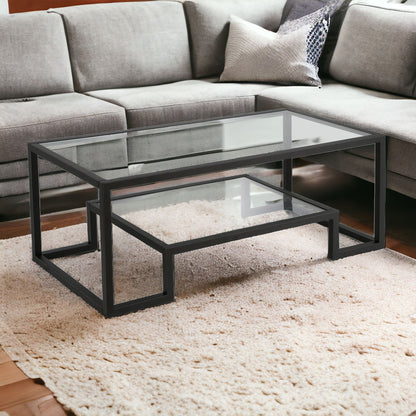 Table basse en verre et acier transparent et noir de 45 po avec étagère