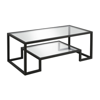 Table basse en verre et acier transparent et noir de 45 po avec étagère