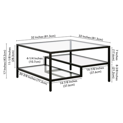 Table basse carrée en verre noir et acier de 32 po avec deux étagères