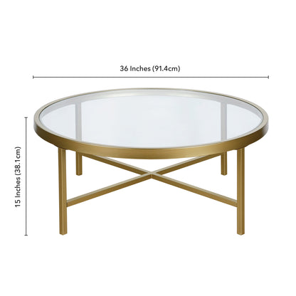 Table basse ronde en verre doré et acier de 36 po